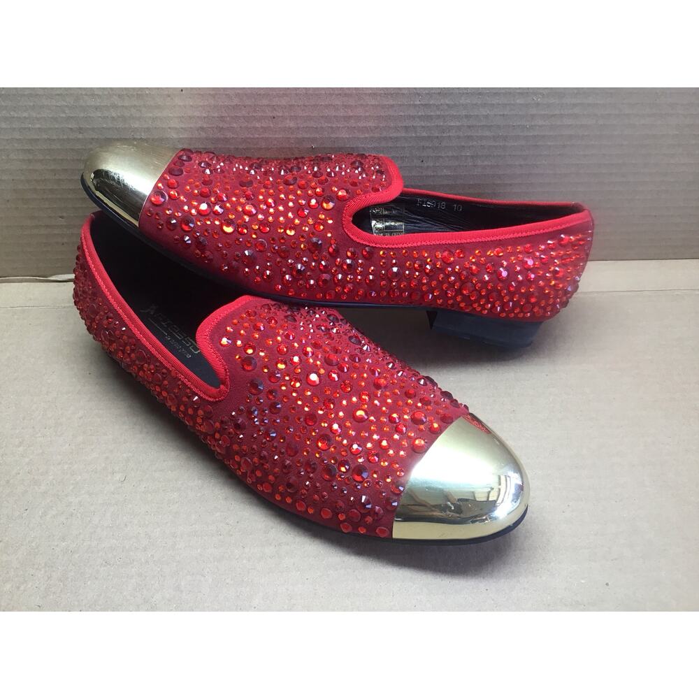 Fiesso By Aurelio Garcia Red Rhinestone Gold Toe Prom Loafers Mens Size 10